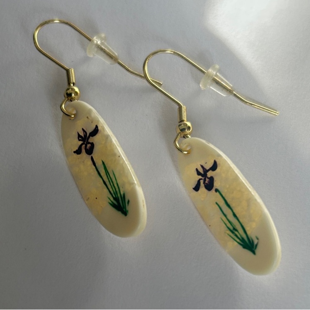 Hand-Painted Scrimshaw Ivory Floral Wild Iris Dangle Earrings - Picture 2 of 5